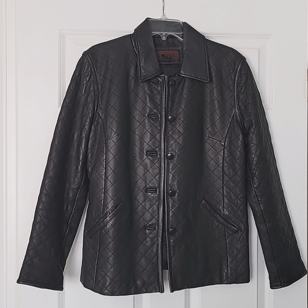 Black Leather Button Up Jacket with Diamond Pattern